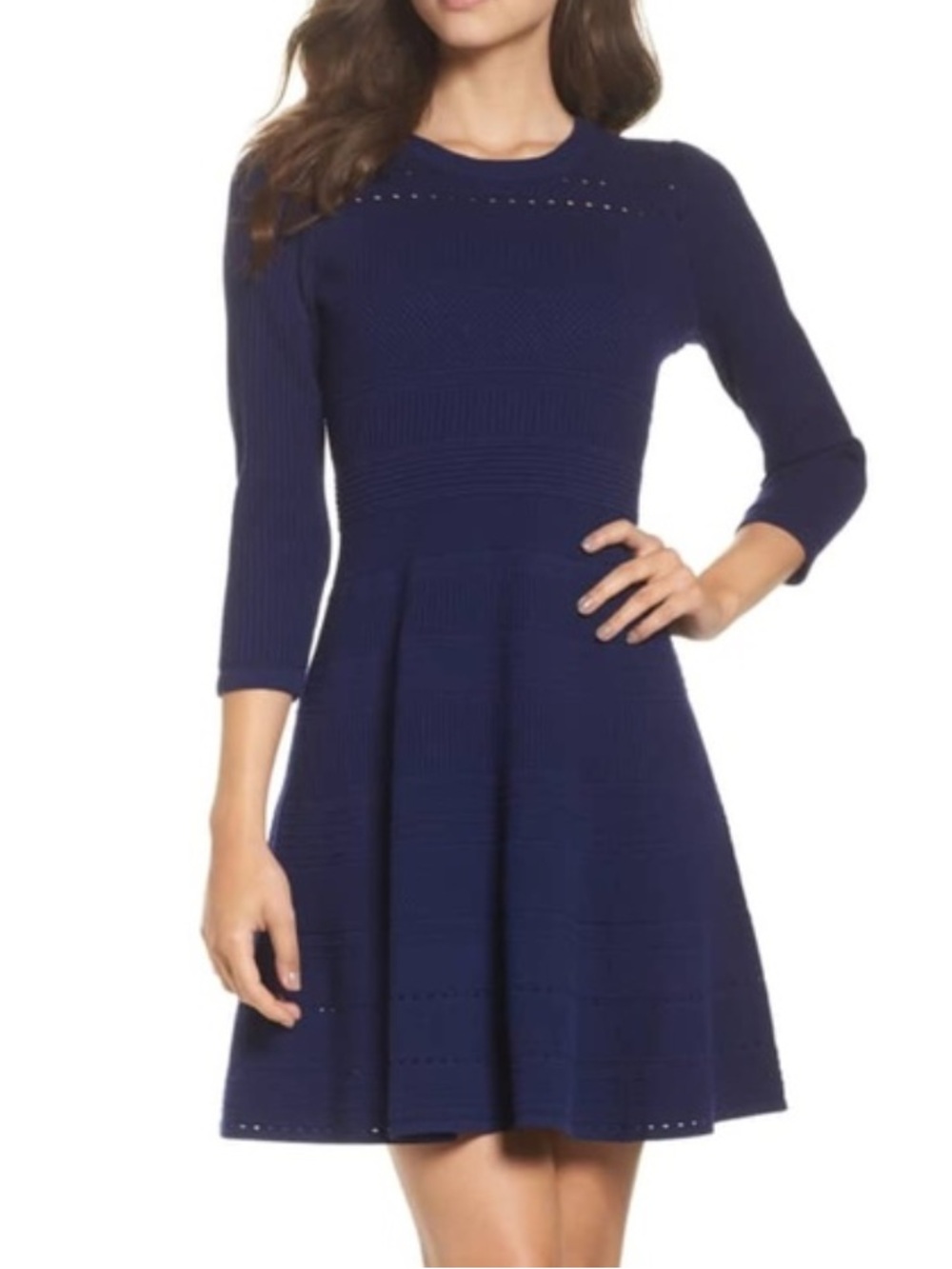 Eliza J Knit Fit & Flare Textured Sweater Dress Navy Blue Large